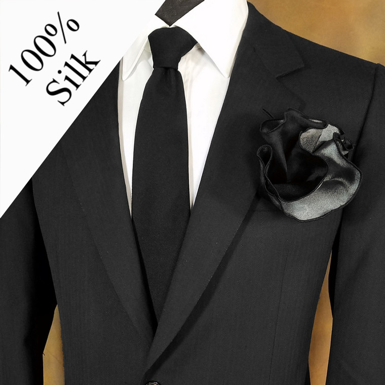100% Silk - Two Sided Black & Charcoal Pouf Round Pocket Square