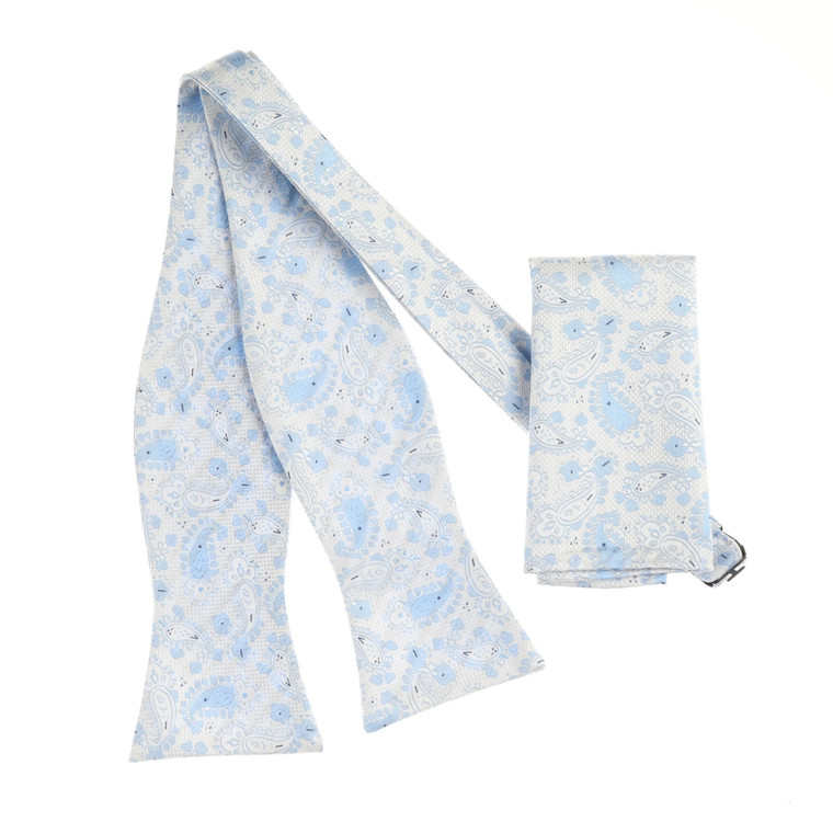 Light Blue & White Paisley Self Tie Silk Bow Tie Set