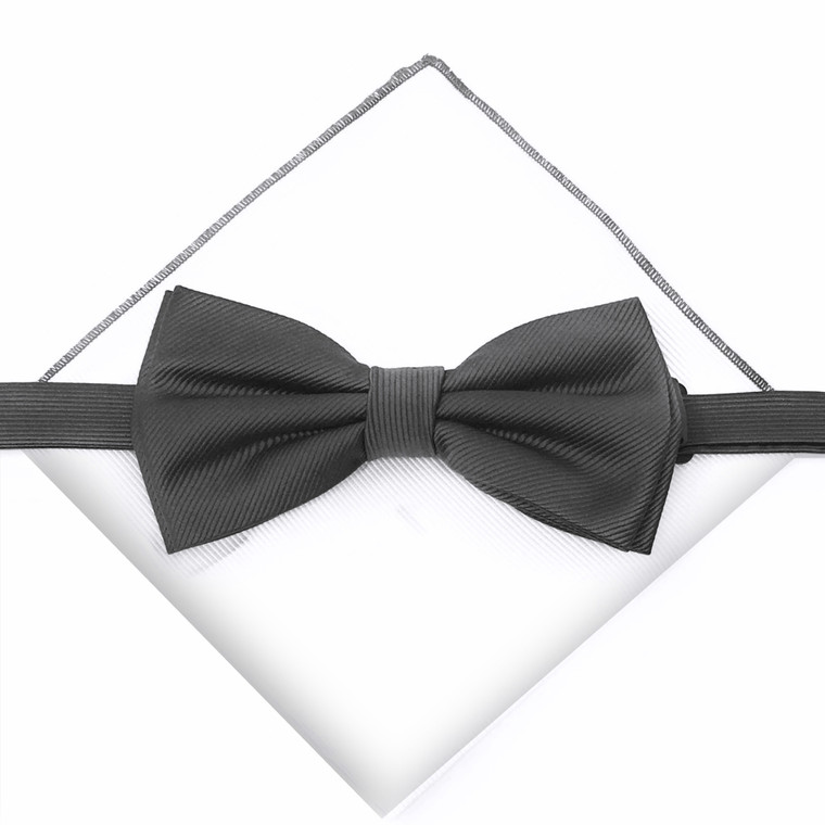 Charcoal Grey Diagonal Weave Pre-Tied Silk Bow Tie Set