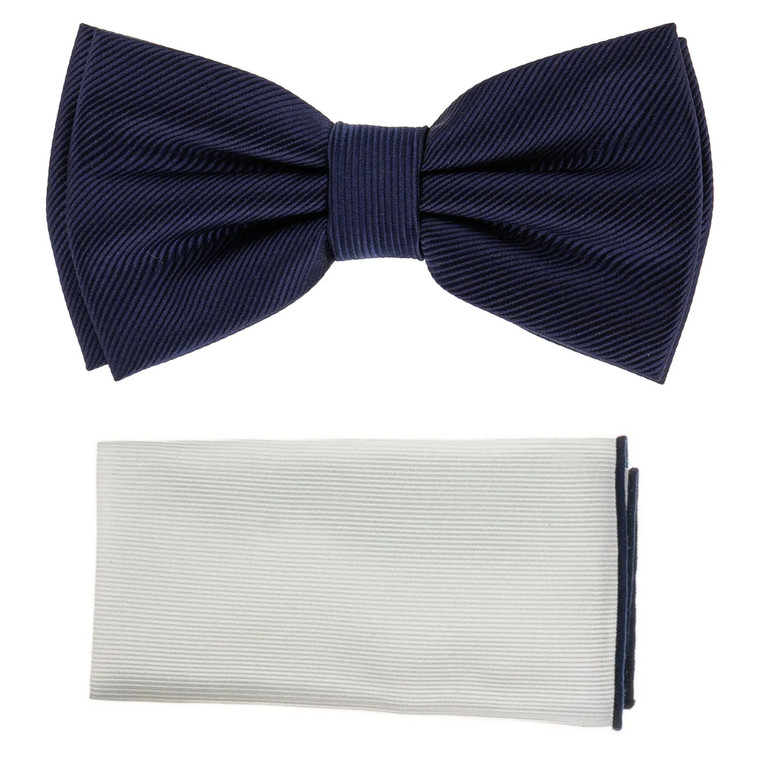 Navy Blue Diagonal Weave Pre-Tied Silk Bow Tie Set