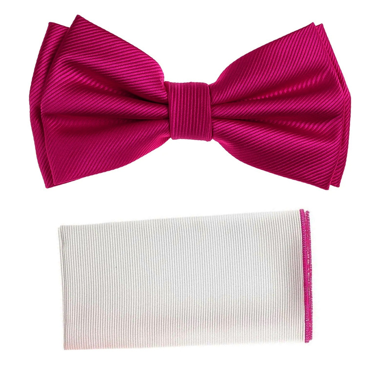 Magenta Pink Diagonal Weave Pre-Tied Silk Bow Tie Set