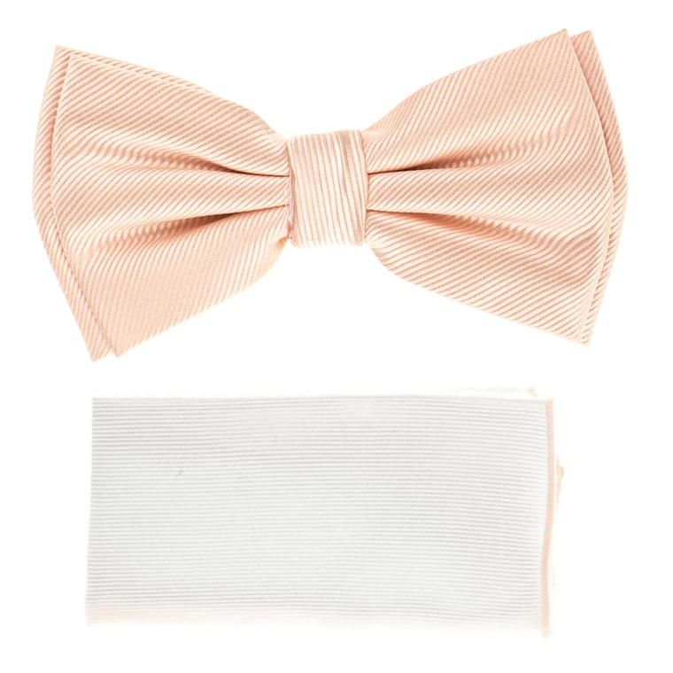 Light Peach Diagonal Weave Pre-Tied Silk Bow Tie Set