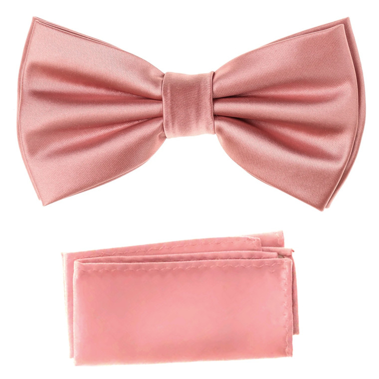 Rose Pink 100% Silk Satin Pre-Tied Silk Bow Tie Set