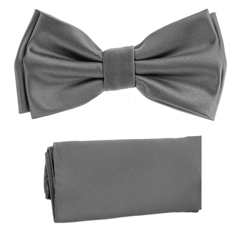 Charcoal Grey 100% Silk Satin Pre-Tied Silk Bow Tie Set