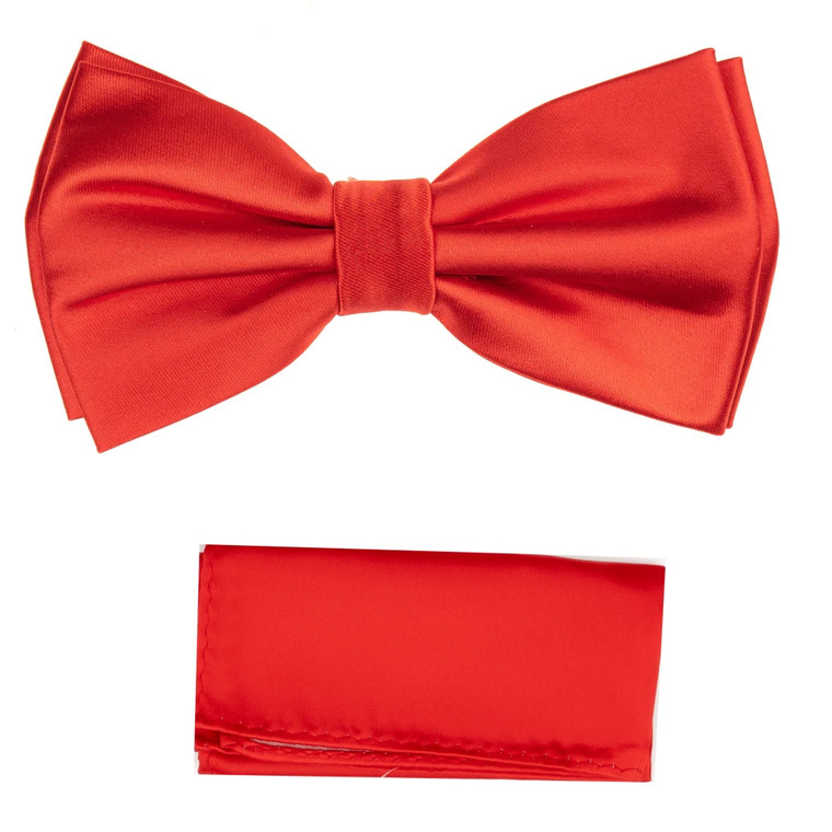 Bright Red 100% Silk Satin Pre-Tied Silk Bow Tie Set