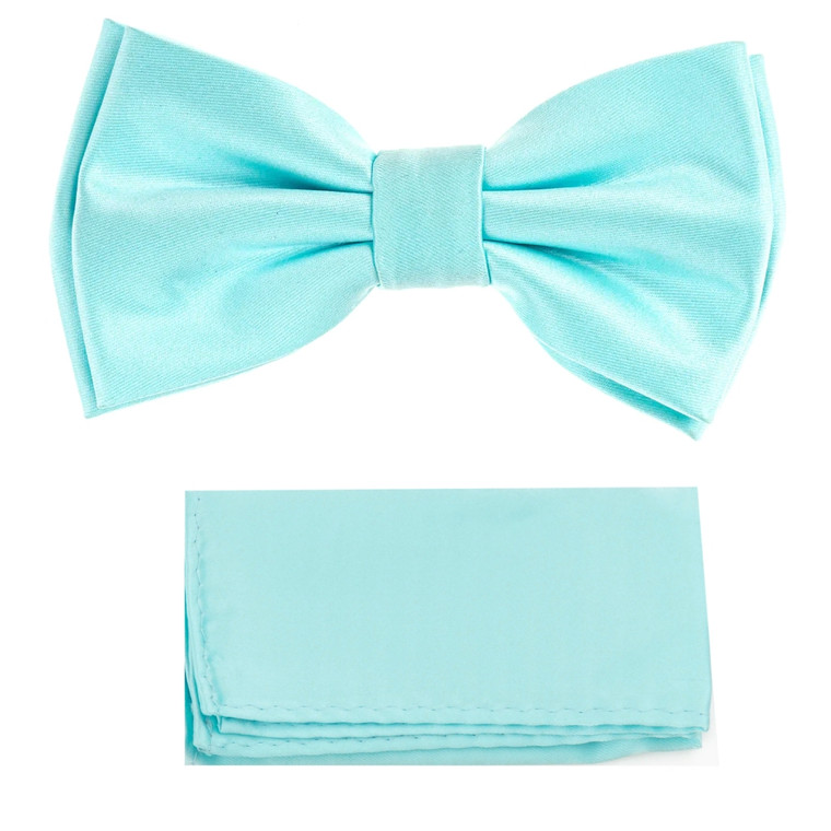 Light Aquamarine Blue 100% Silk Satin Pre-Tied Silk Bow Tie Set