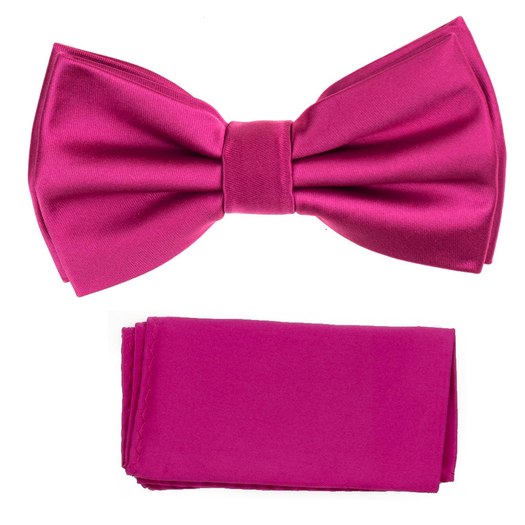 Fuchsia Pink 100% Silk Satin Pre-Tied Silk Bow Tie Set