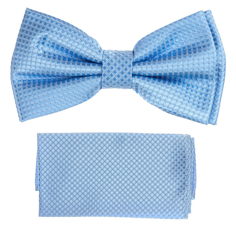 Light Blue 100% Silk Grid Weave Pre-Tied Silk Bow Tie Set