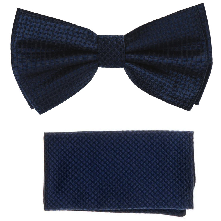 Navy Blue 100% Silk Grid Weave Pre-Tied Silk Bow Tie Set