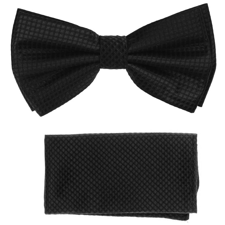 Black 100% Silk Grid Weave Pre-Tied Silk Bow Tie Set