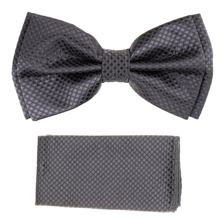 Dark Grey 100% Silk Grid Weave Pre-Tied Silk Bow Tie Set