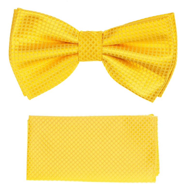 Canary Yellow 100% Silk Grid Weave Pre-Tied Silk Bow Tie Set