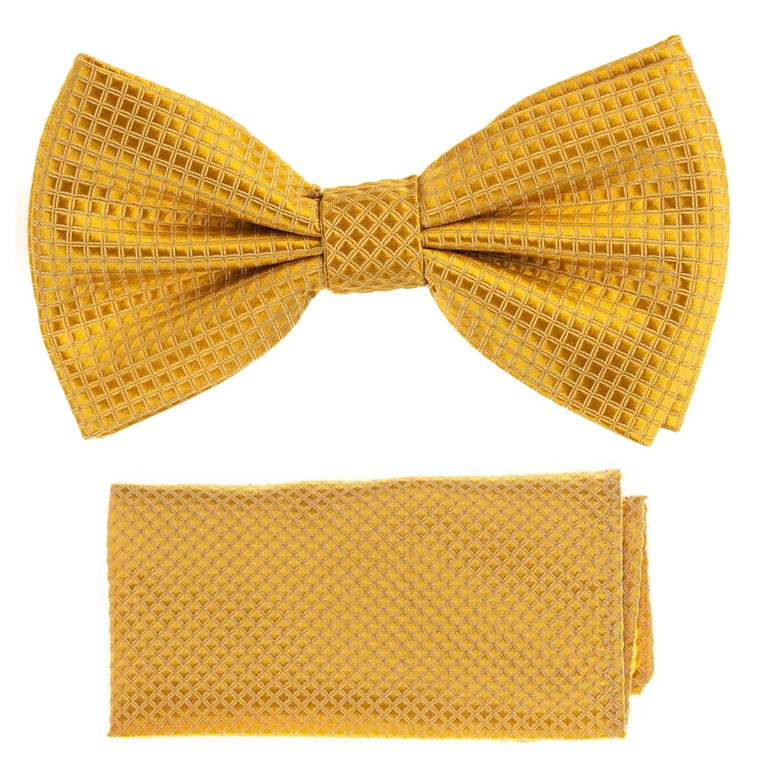 Gold 100% Silk Grid Weave Pre-Tied Silk Bow Tie Set