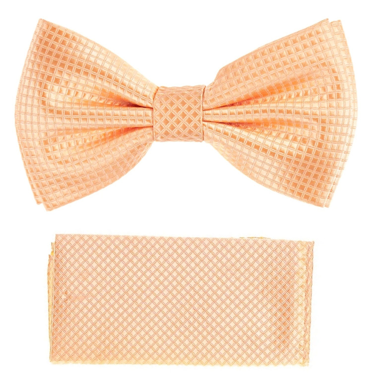 Peach 100% Silk Grid Weave Pre-Tied Silk Bow Tie Set