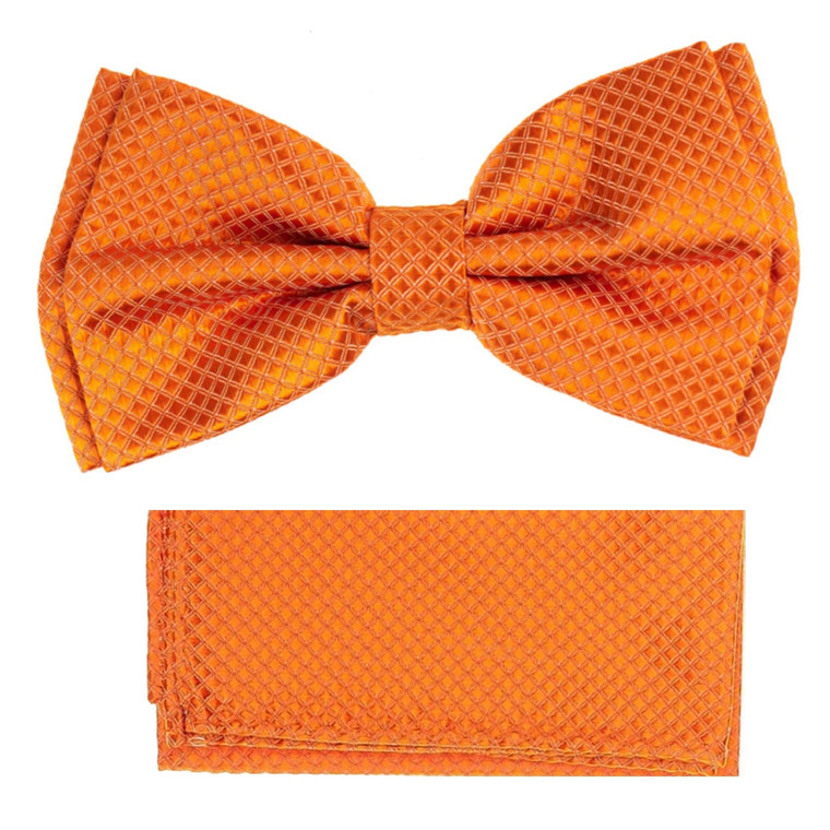 Orange 100% Silk Grid Weave Pre-Tied Silk Bow Tie Set