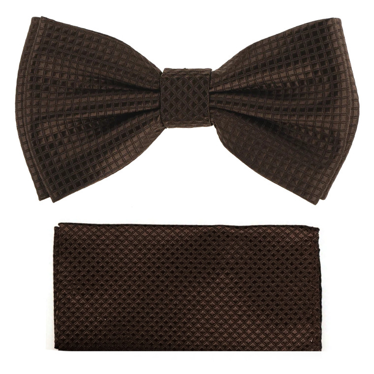 Brown 100% Silk Grid Weave Pre-Tied Silk Bow Tie Set
