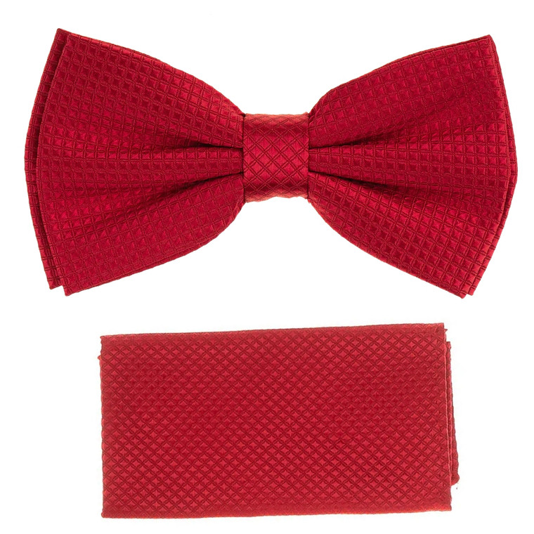 Red 100% Silk Grid Weave Pre-Tied Silk Bow Tie Set