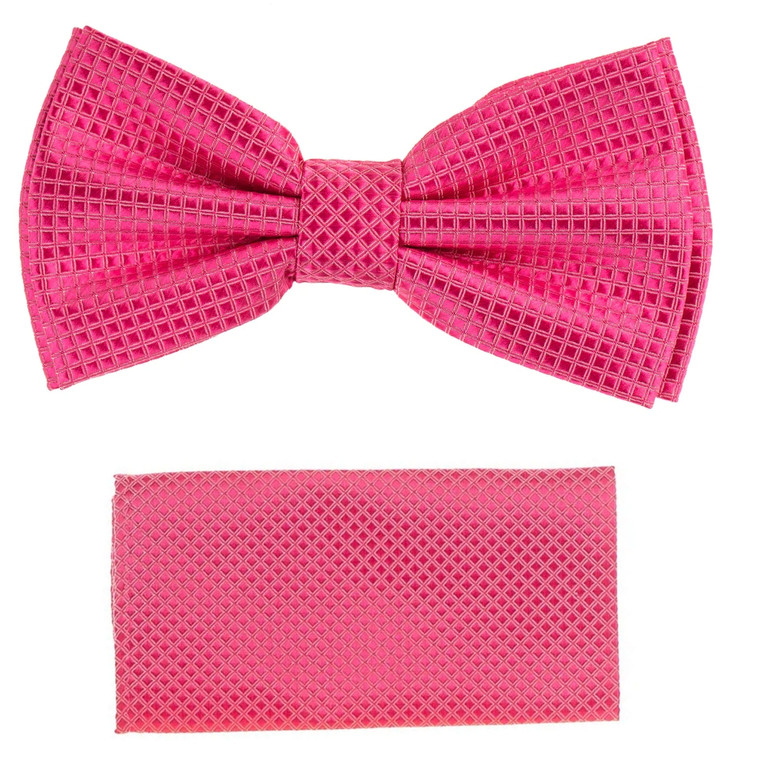 Dark Pink 100% Silk Grid Weave Pre-Tied Silk Bow Tie Set