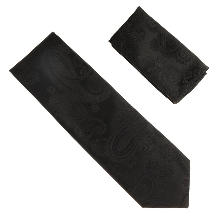 Antonia 100% Silk X-Long Tie w/Pocket Square - Black Paisley