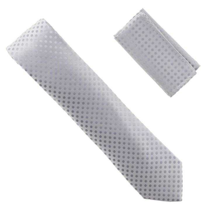 Antonia 100% Silk X-Long Tie w/Pocket Square - Silver Dots