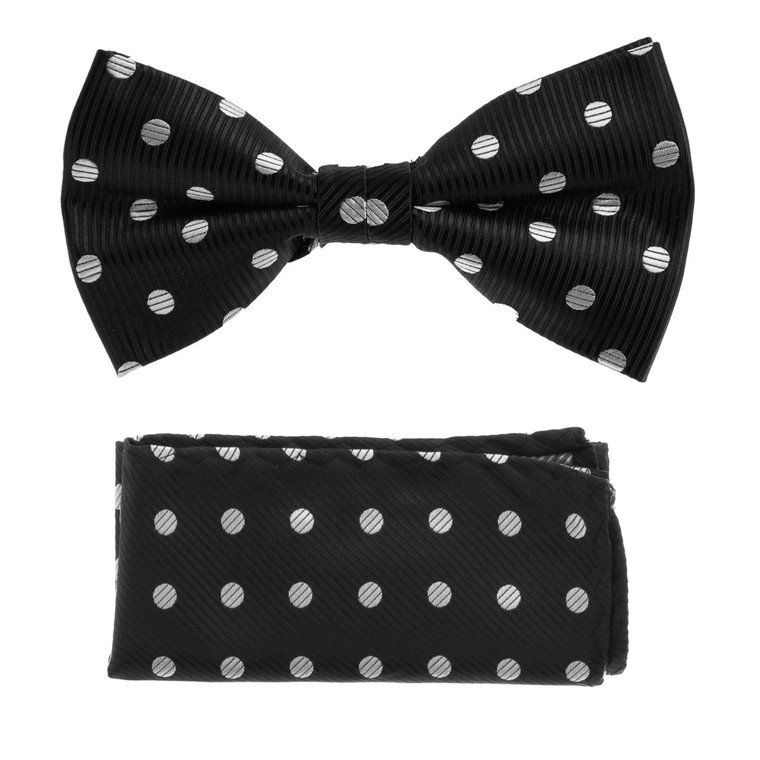 Silver Dots on Black Pre-Tied Silk Bow Tie Set