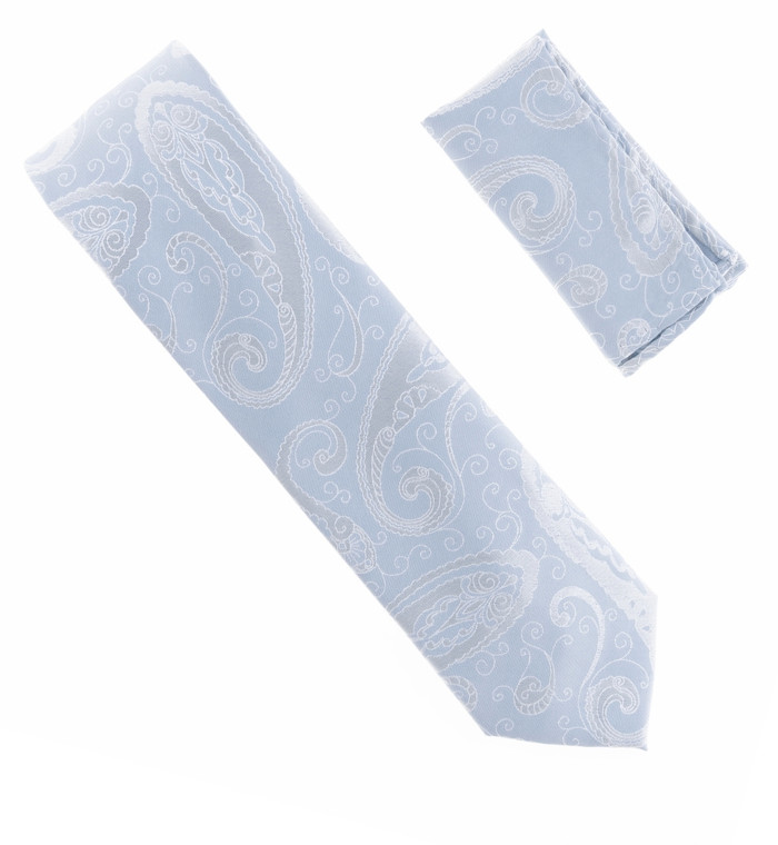 Antonia 100% Silk X-Long Tie w/Pocket Square - Silvery & Blue Paisley