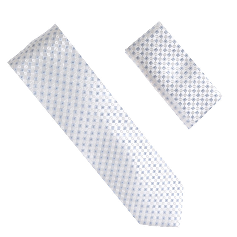 Antonia 100% Silk X-Long Tie w/Pocket Square - White with Baby Blue