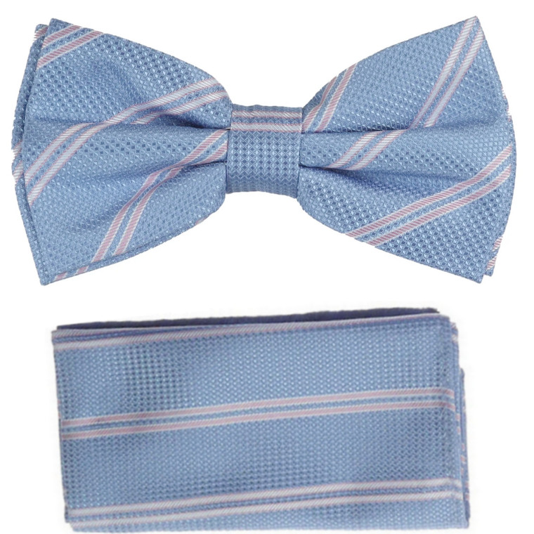 Light Blue with Tiny Pink Stripe Pre-Tied Silk Bow Tie Set