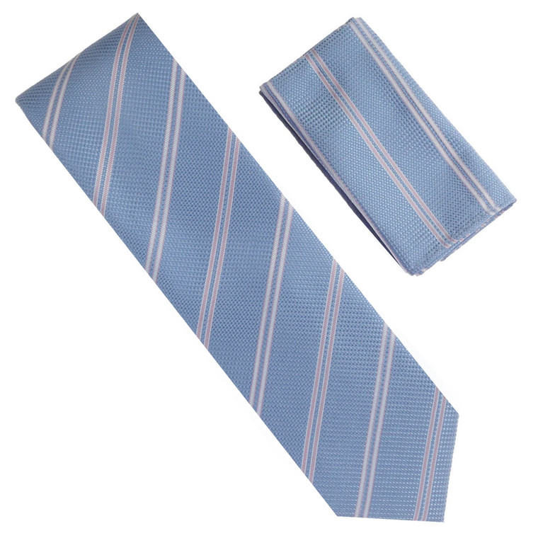 Antonia 100% Silk Tie w/Pocket Square - Light Blue with Tiny Pink Stripe