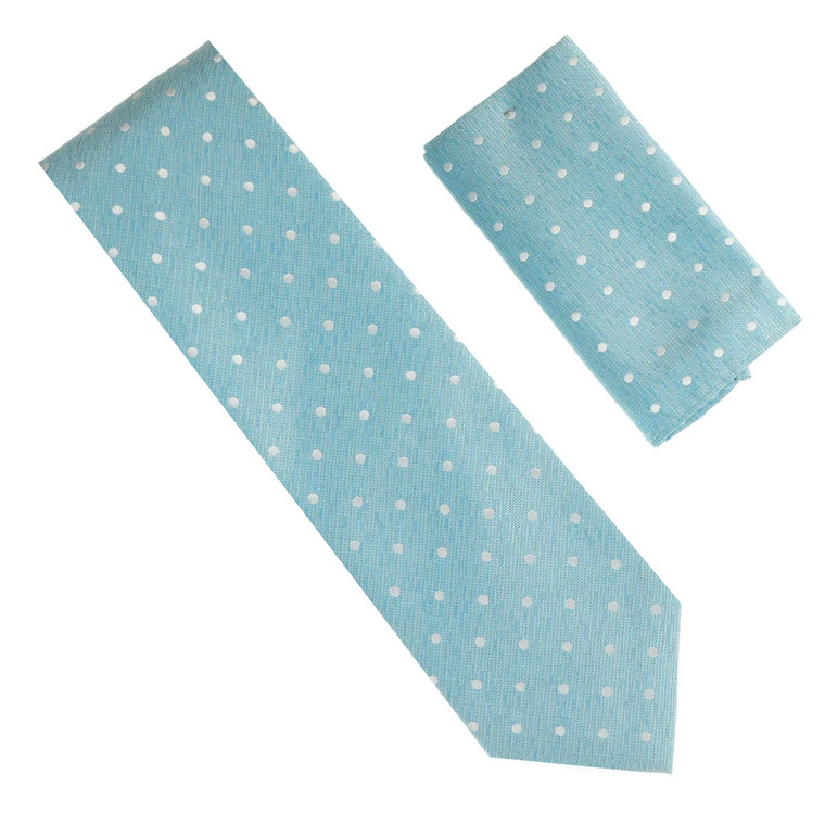 Antonia 100% Silk X-Long Tie w/Pocket Square - Aqua Blue with Tiny Dots 