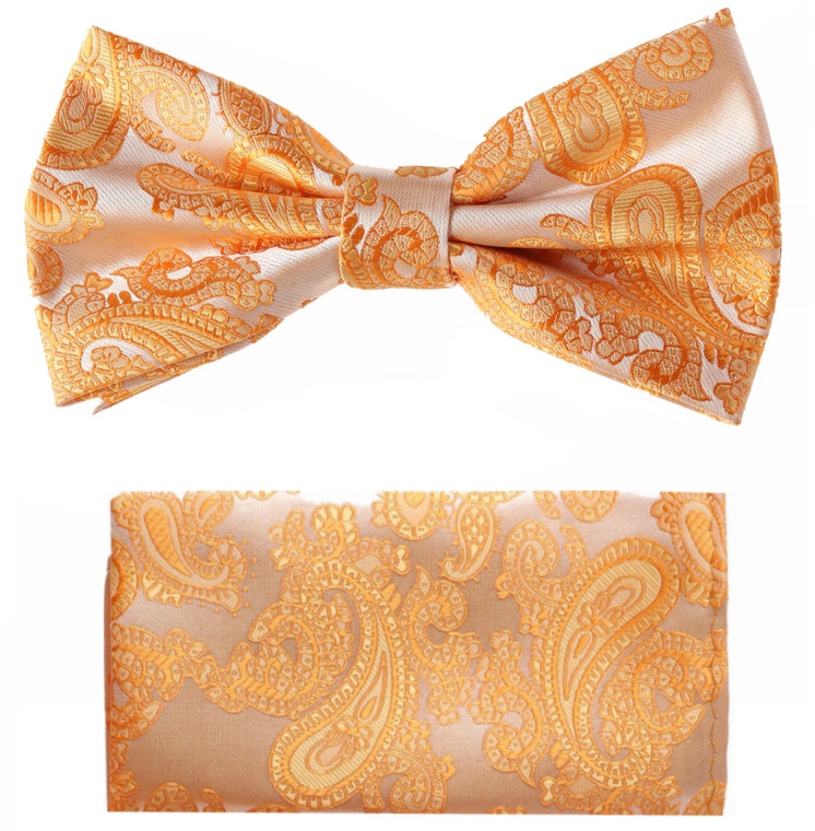 Peach and Orange Paisley Stripe Pre-Tied Silk Bow Tie Set