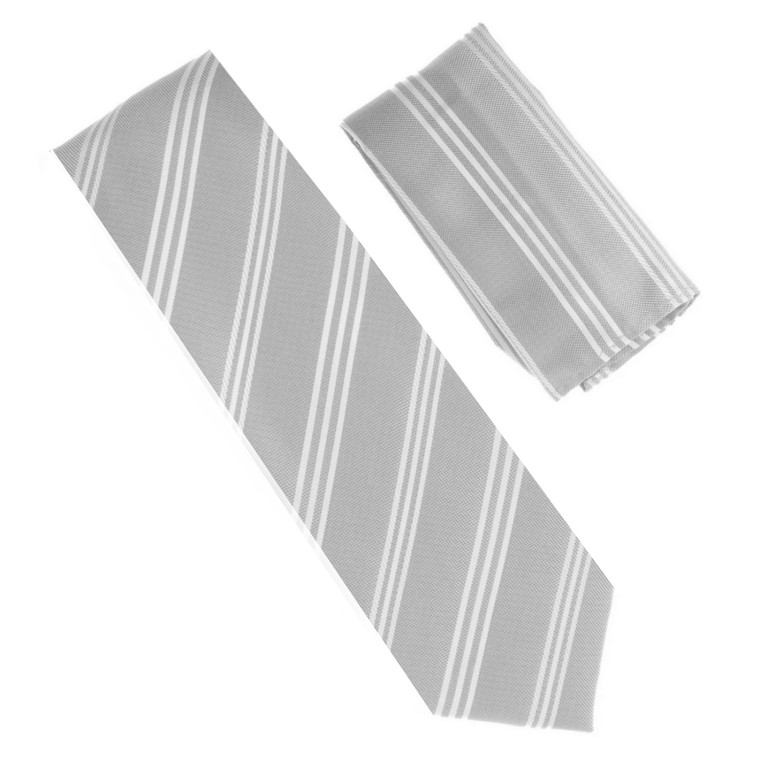 Antonia 100% Silk X-Long Tie w/Pocket Square - White Stripes on Silver