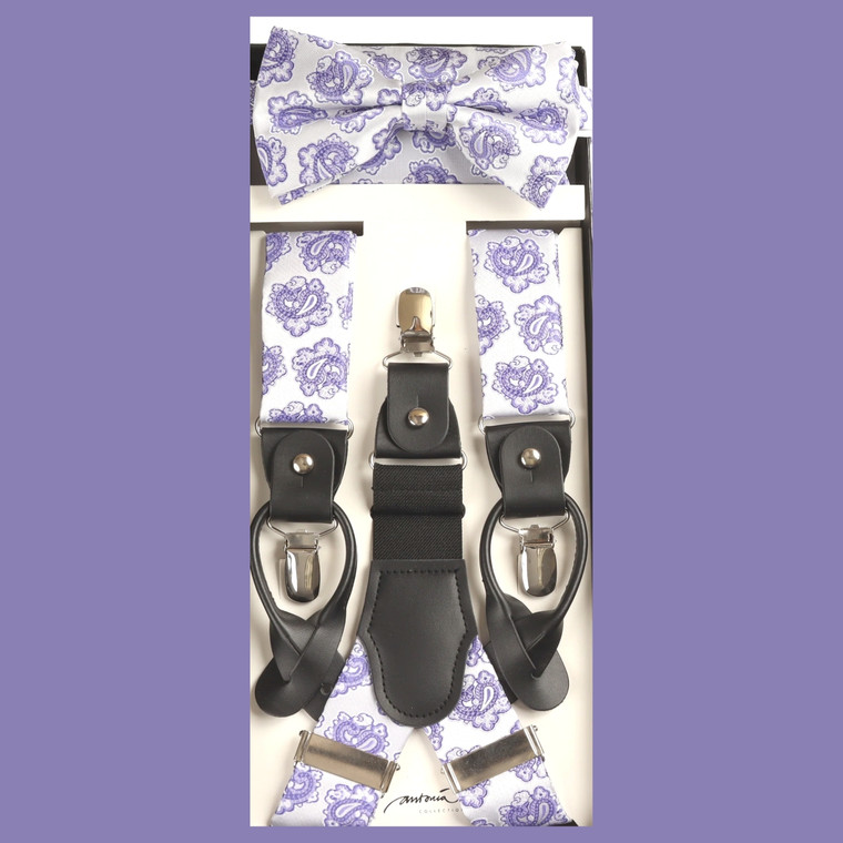 Antonia Silver & Lavender Paisley Suspenders with Matching Silk Bow Tie Set