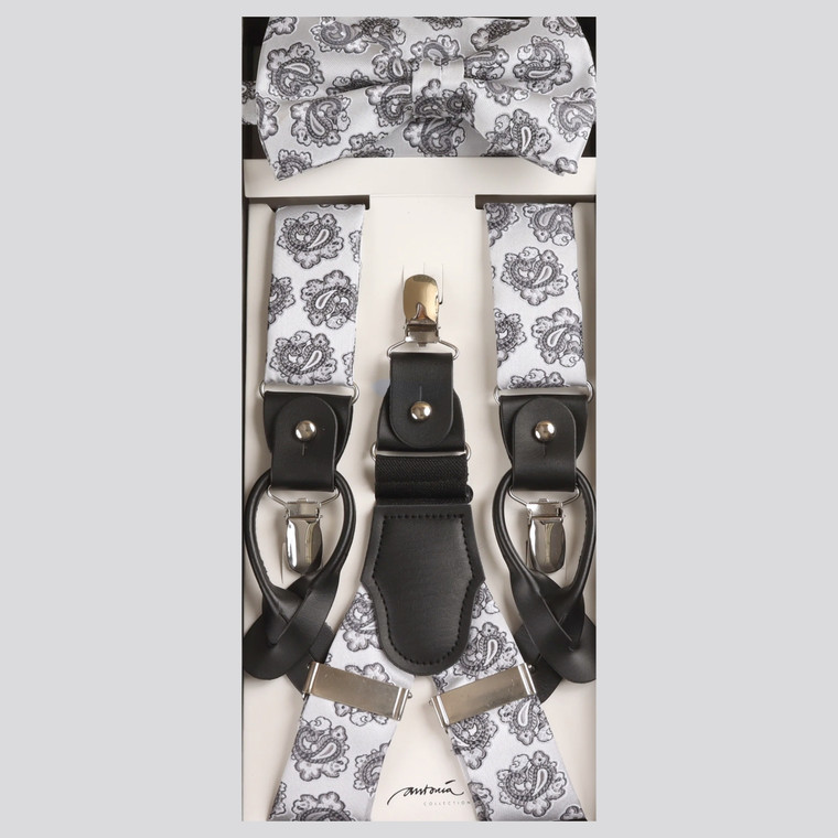 Silvery & Grey Paisley Suspenders with Matching Silk Bow Tie Set