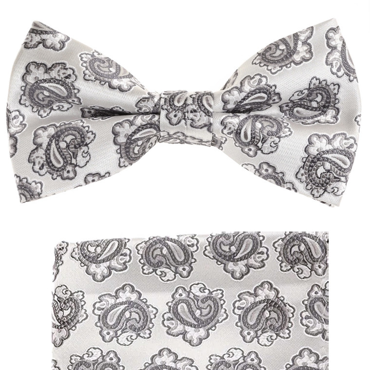 Silver & Grey Paisley Design Pre-Tied Silk Bow Tie Set