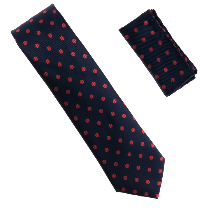 Antonia 100% Silk X-Long Tie w/Pocket Square - Red Polka Dot on Dark Blue