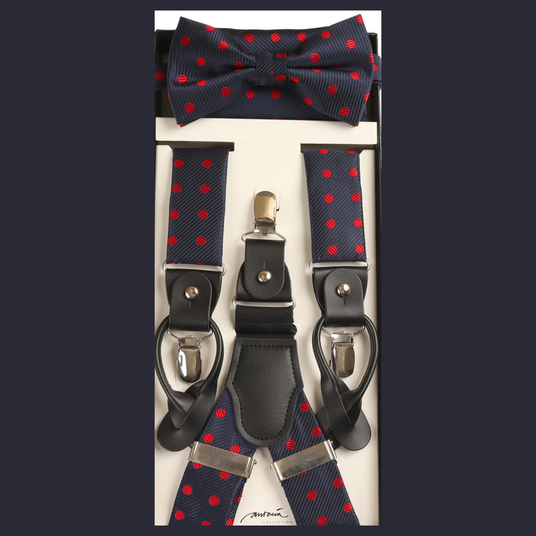 Dark Blue with Red Dots Suspenders with Matching Silk Bow Tie Set