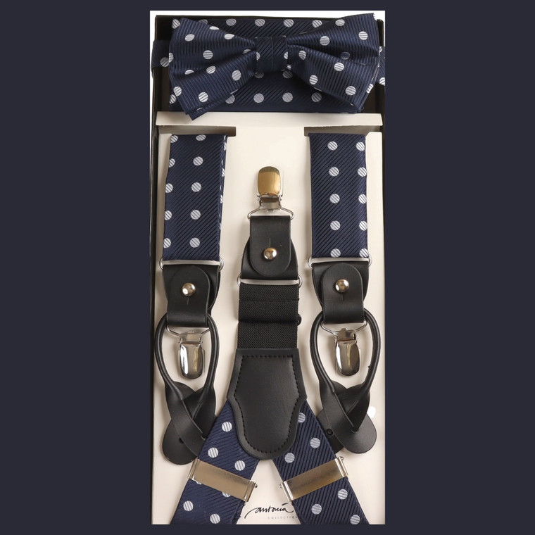 Dark Blue with Grey Dots Suspenders with Matching Silk Bow Tie Set