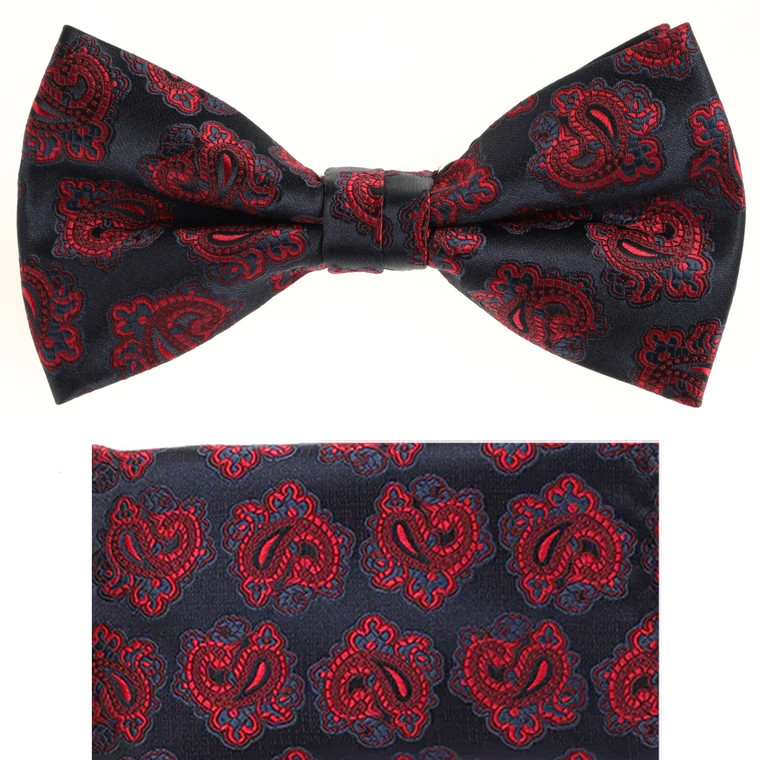 Dark Blue with Red Paisley Pre-Tied 100% Silk Bow Tie Set