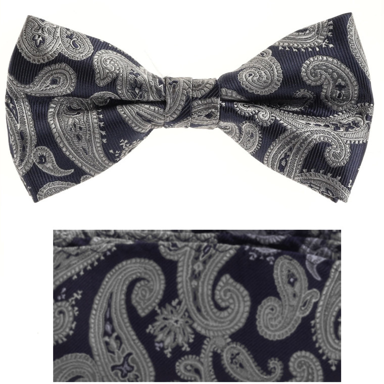 Navy Blue & Silver Paisley Pre-Tied 100% Silk Bow Tie Set