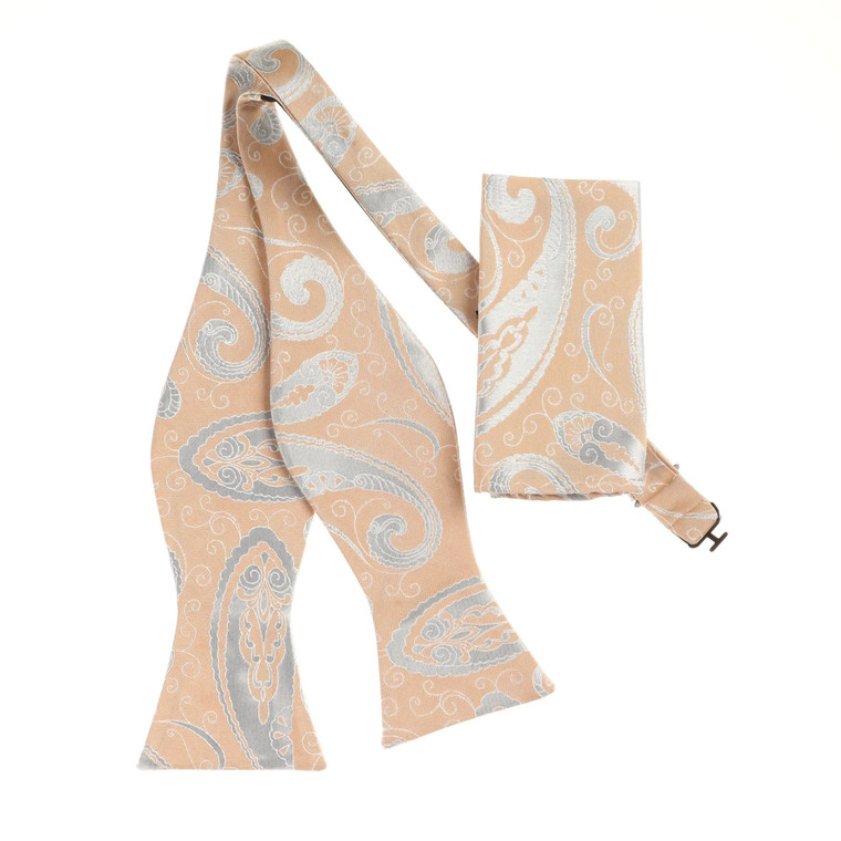 Light Peach & Silver Paisley Self Tie 100% Silk Bow Tie Set