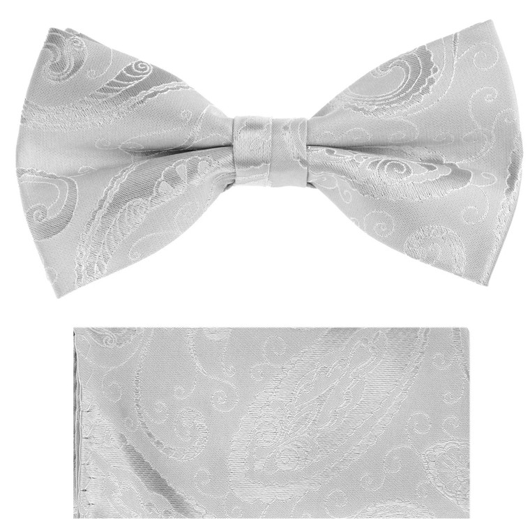 Silver Paisley Design Pre-Tied Silk Bow Tie Set