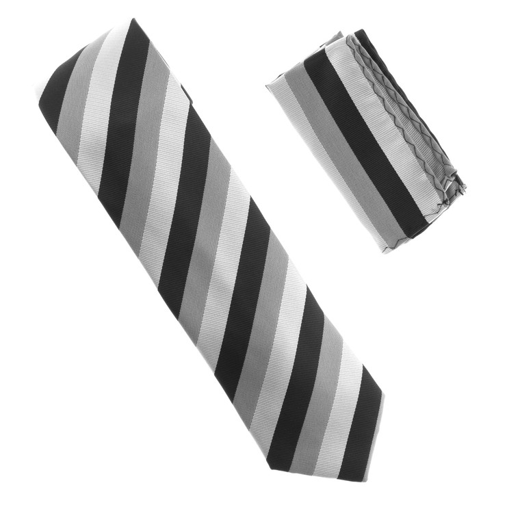Antonia 100% Silk X-Long Tie w/Pocket Square - Silver and Grey Stripes