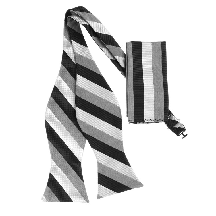 Silver and Grey Stripes Self Tie 100% Silk Bow Tie Set