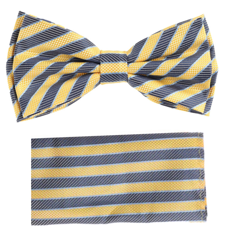 Blue & Yellow Stripes Pre-Tied Silk Bow Tie Set