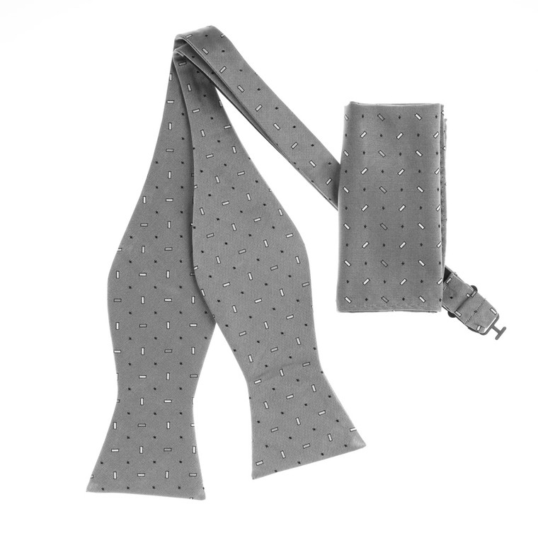 Dash Design on Grey Self Tie 100% Silk Bow Tie Set