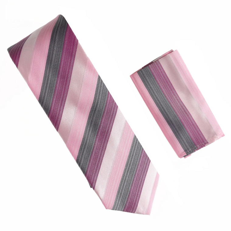 Antonia 100% Silk X-Long Tie w/Pocket Square - Various Pink & Grey Stripes