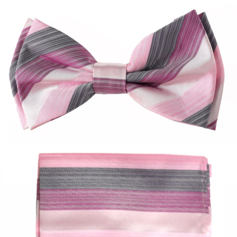 Various Pink & Grey Stripes Pre-Tied Silk Bow Tie Set