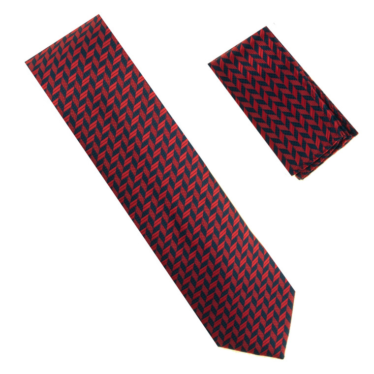 Antonia 100% Silk X-Long Tie w/Pocket Square - Navy & Red Herringbone