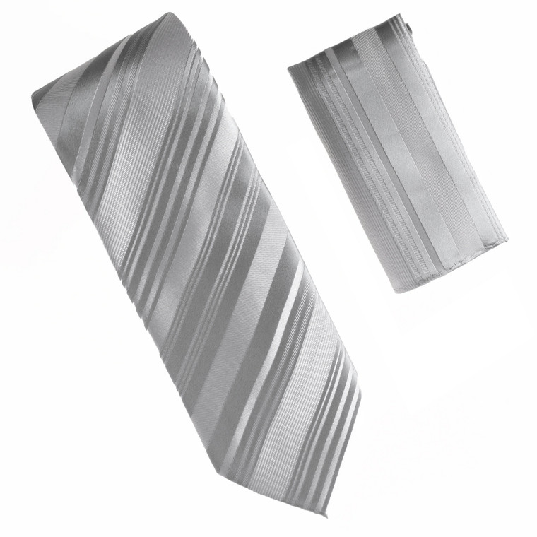 Antonia 100% Silk X-Long Tie w/Pocket Square -Silver Embossed Stripes